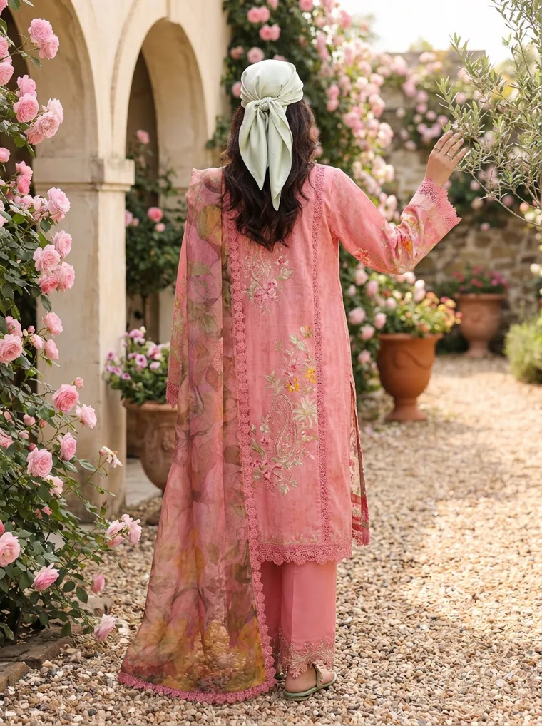 A coral embroidered kurta with matching trousers and a pale green headscarf, photographed in a rose garden with stone arches. Embroidered Kurta Set in Coral, frame 5 of 5