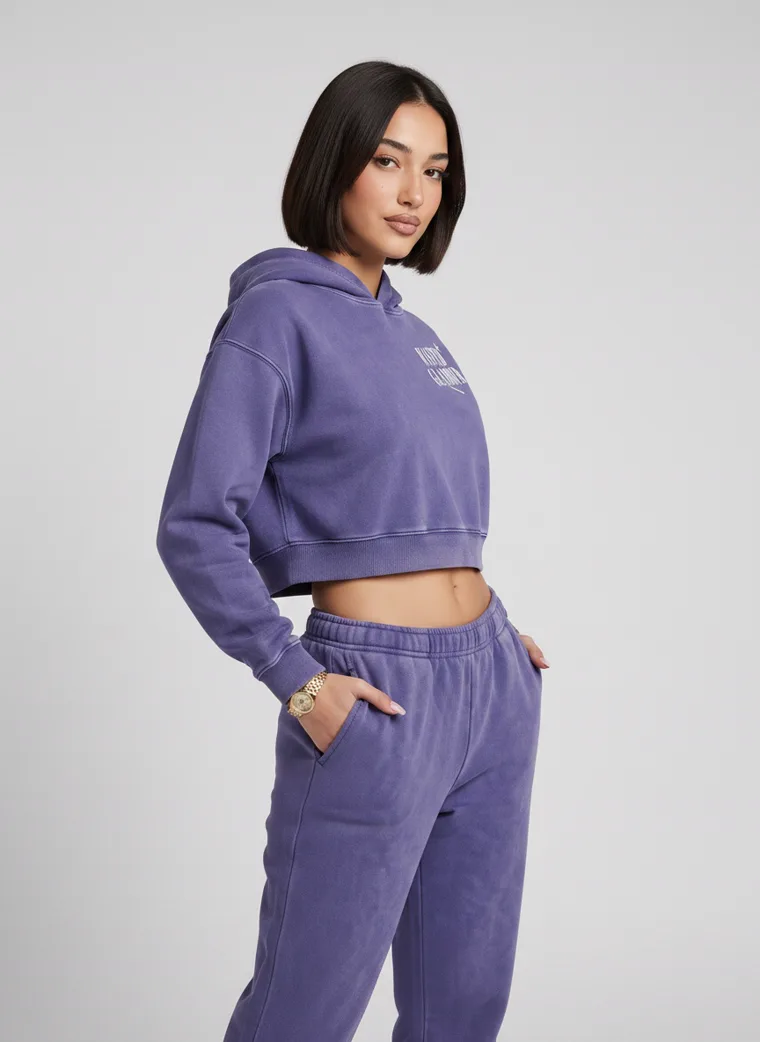 A washed violet cropped hoodie with a butterfly back print and matching sweatpants on pale grey. Cropped Hoodie Set in Violet, frame 4 of 5