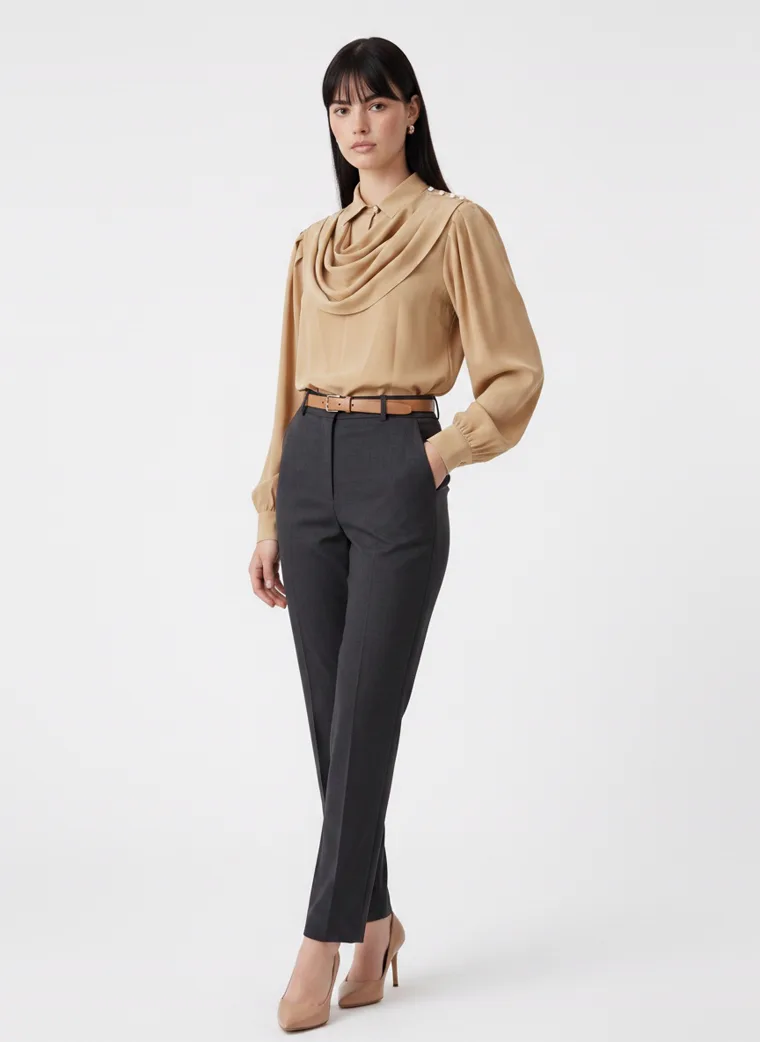A camel cowl neck blouse with bishop sleeves, worn with charcoal tailored trousers, a tan belt and nude heels on pale grey. Cowl Neck Blouse in Camel, frame 1 of 5