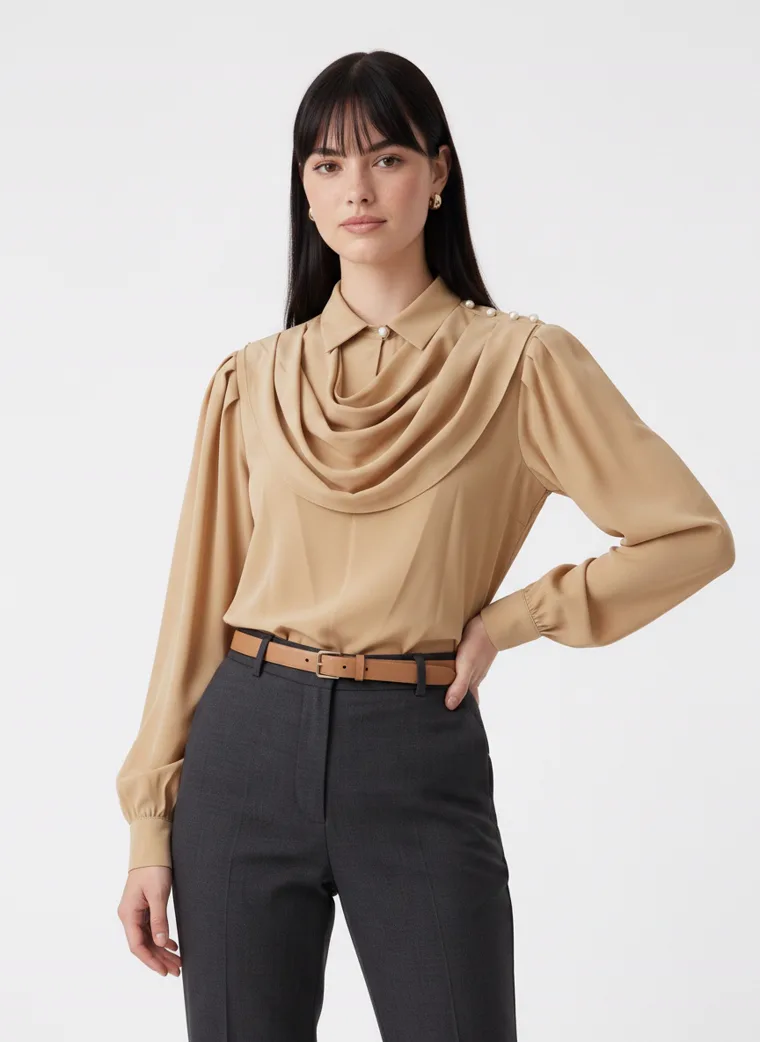 A camel cowl neck blouse with bishop sleeves, worn with charcoal tailored trousers, a tan belt and nude heels on pale grey. Cowl Neck Blouse in Camel, frame 2 of 5