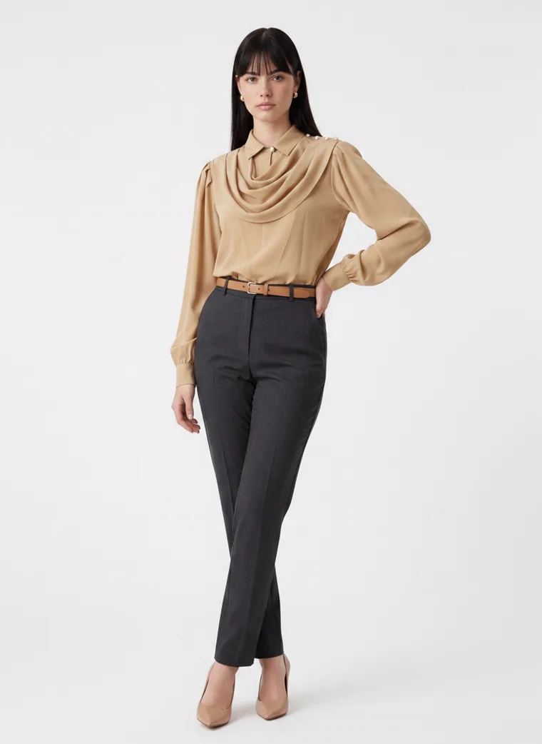 A camel cowl neck blouse with bishop sleeves, worn with charcoal tailored trousers, a tan belt and nude heels on pale grey. Cowl Neck Blouse in Camel, frame 5 of 5