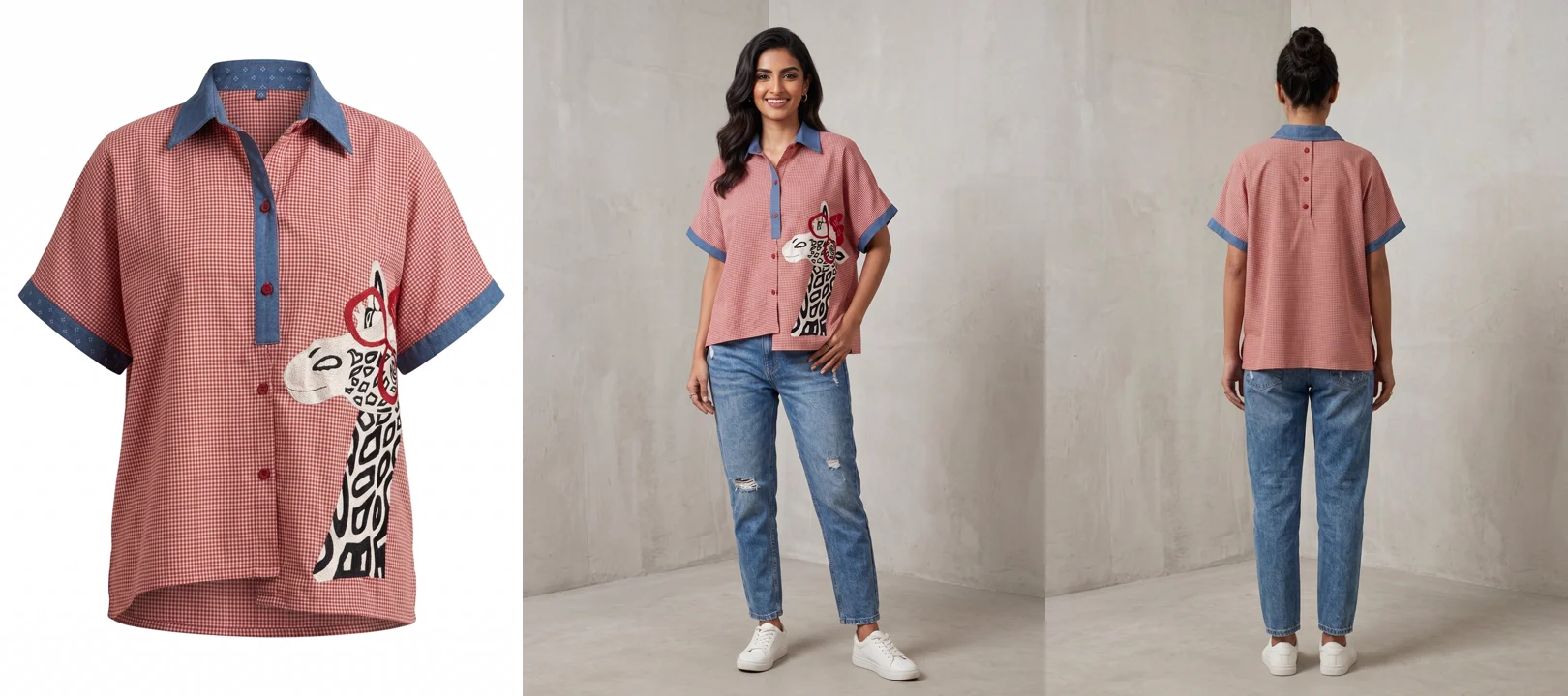 One MODA AI run producing both marketplace formats: the garment alone on a pure white background for the main image, and the same shirt on a model from the front and the back