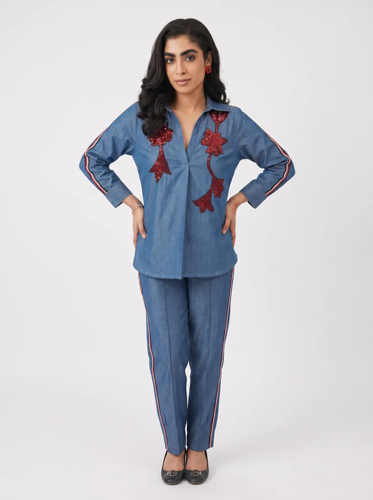 MODA AI output — the blue embroidered co-ord on a full-length model in a clean studio