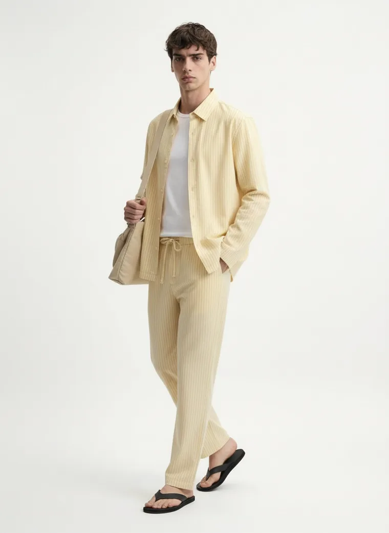 MODA AI output — the yellow shirt and trousers on a full-length male model in a clean studio