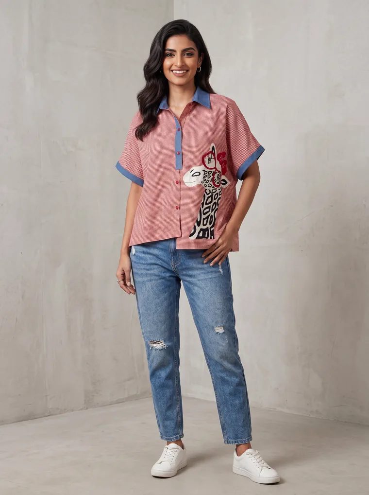 MODA AI output — the printed shirt on a model, straight-on front, full length