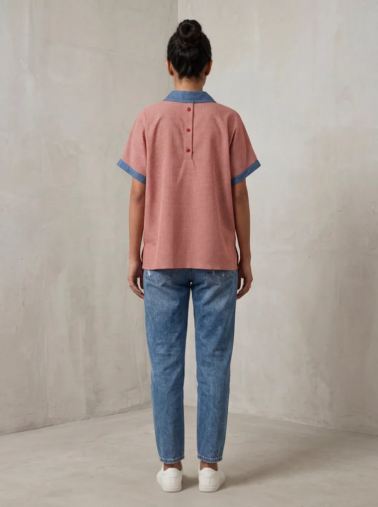 MODA AI output — the printed shirt, back view, full length