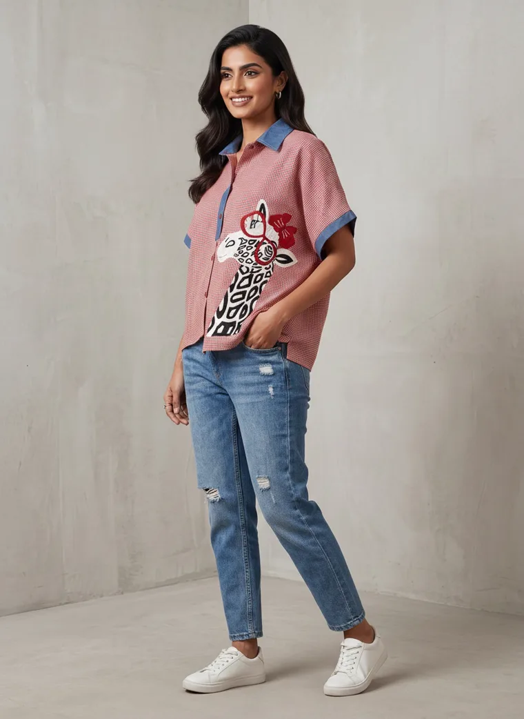 MODA AI output — the printed shirt, turned pose with hand in pocket