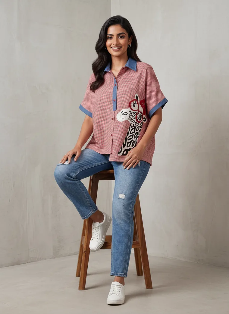 MODA AI output — the model seated on a stool wearing the printed shirt