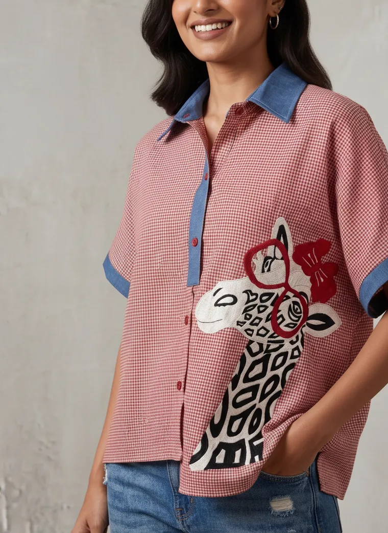 MODA AI output — close-up of the applique motif and check weave on the shirt