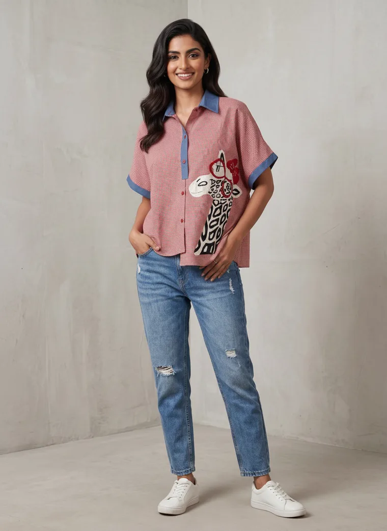 MODA AI output — the printed shirt styled with jeans, full length