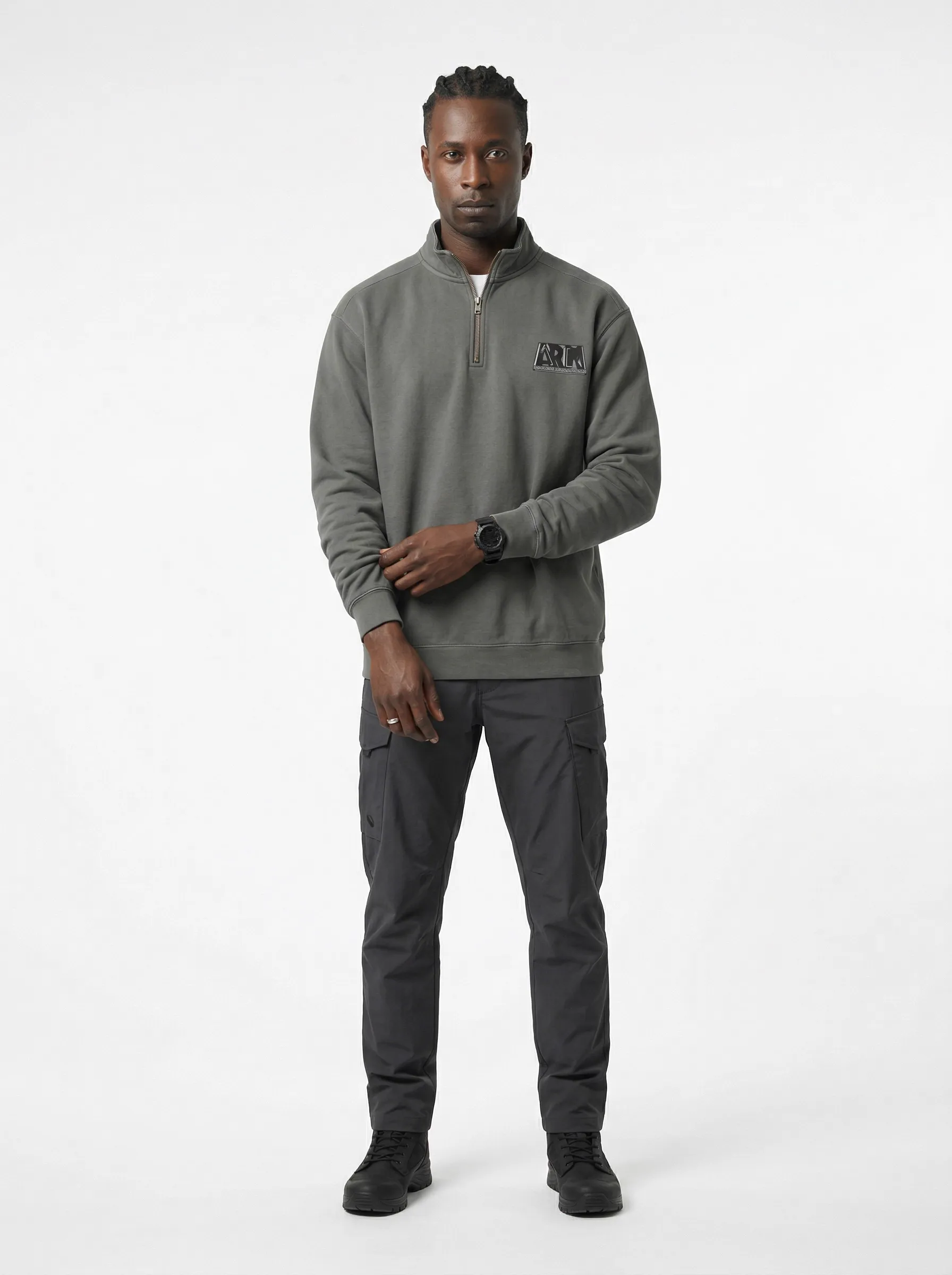AI-generated — male model wearing olive quarter-zip fleece, full body editorial shot