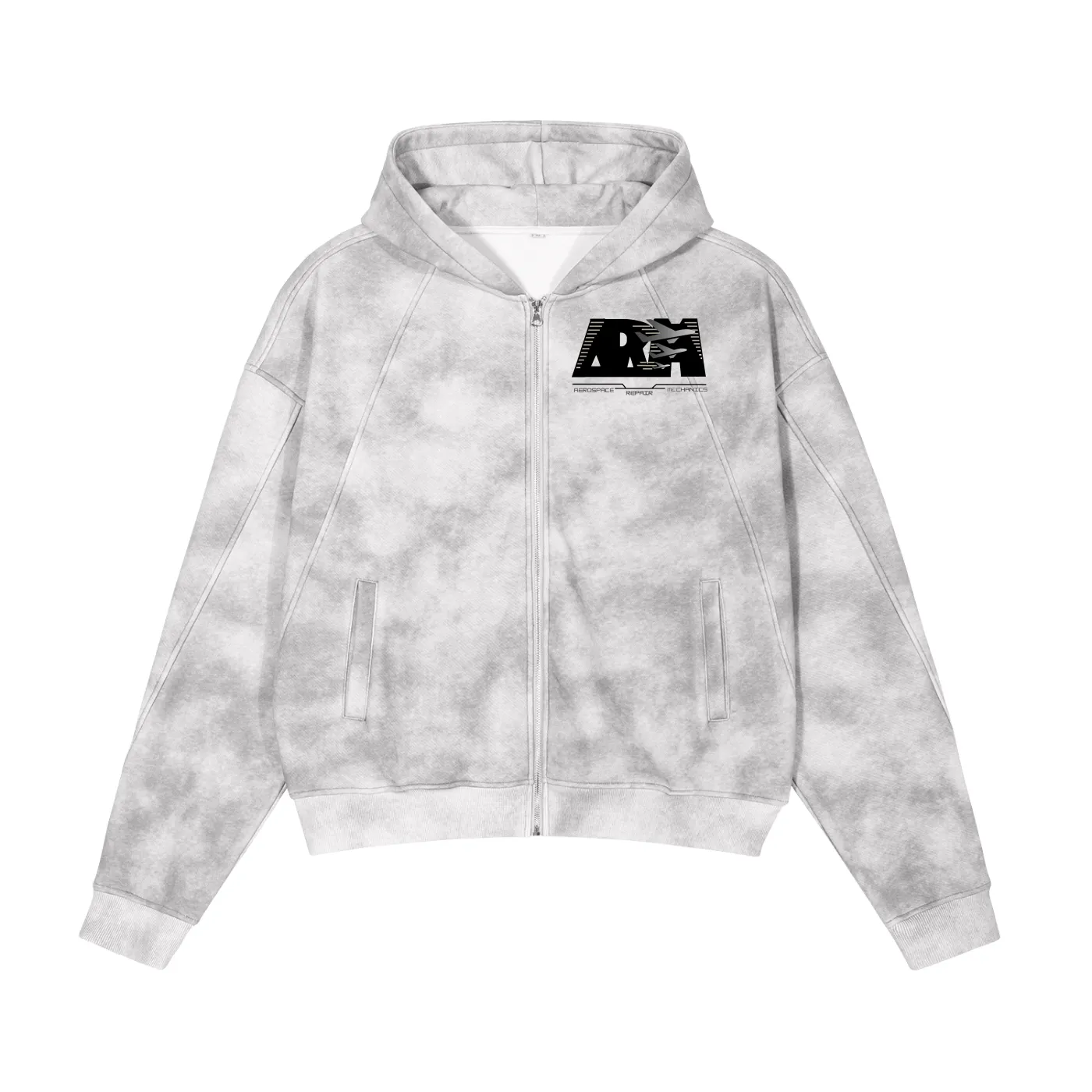 Zip hoodie flat lay — front view with graphic logo