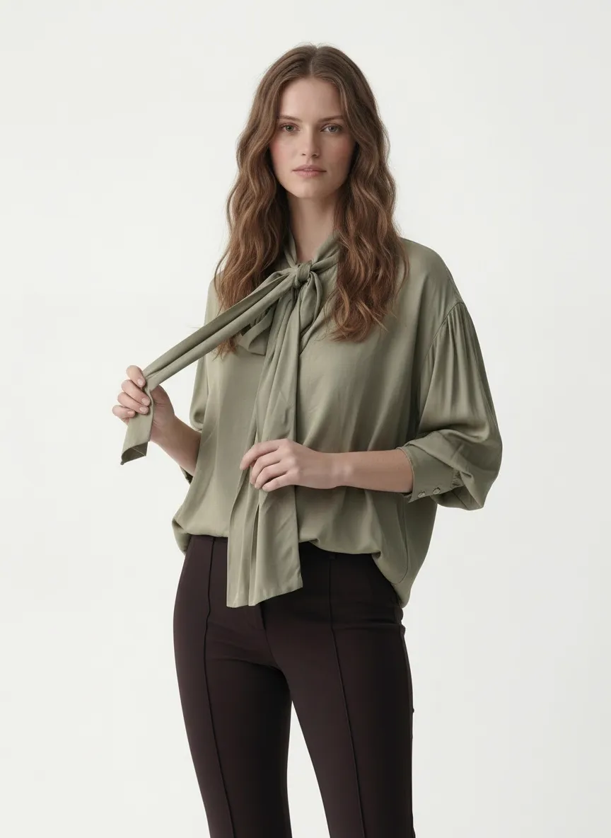 MODA AI output 3 — studio model wearing olive tie-neck blouse with chocolate capris, model-to-model swap with full fit accuracy