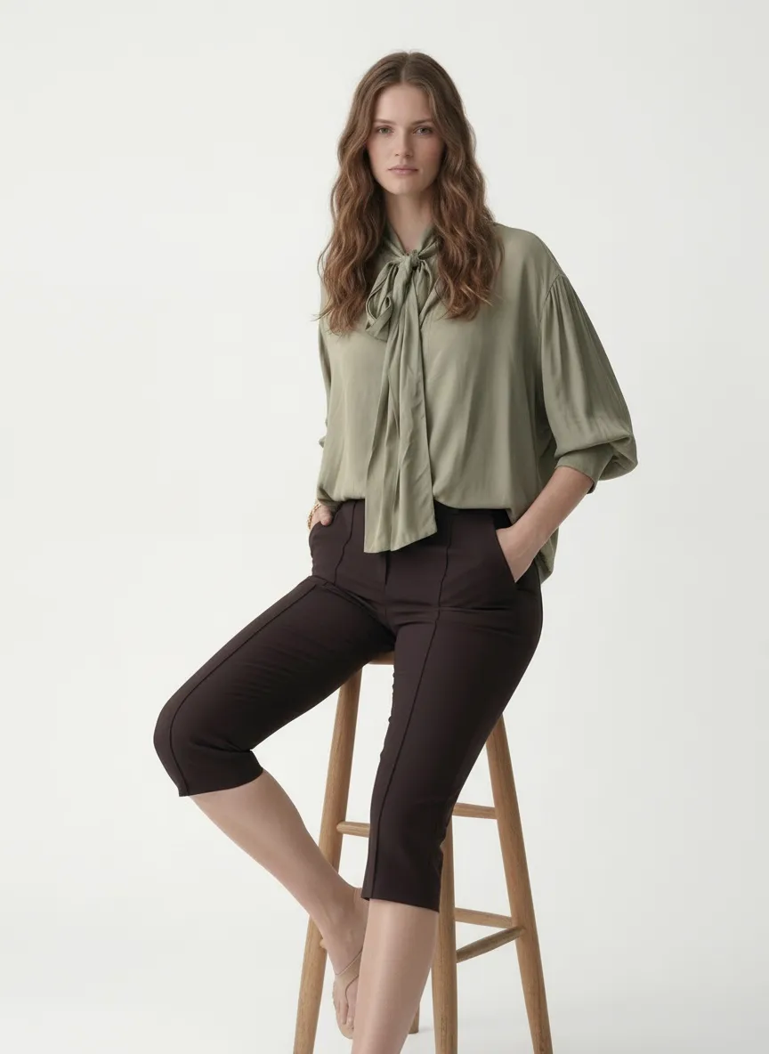 MODA AI output 4 — studio model wearing olive tie-neck blouse with chocolate capris, model-to-model swap with full fit accuracy