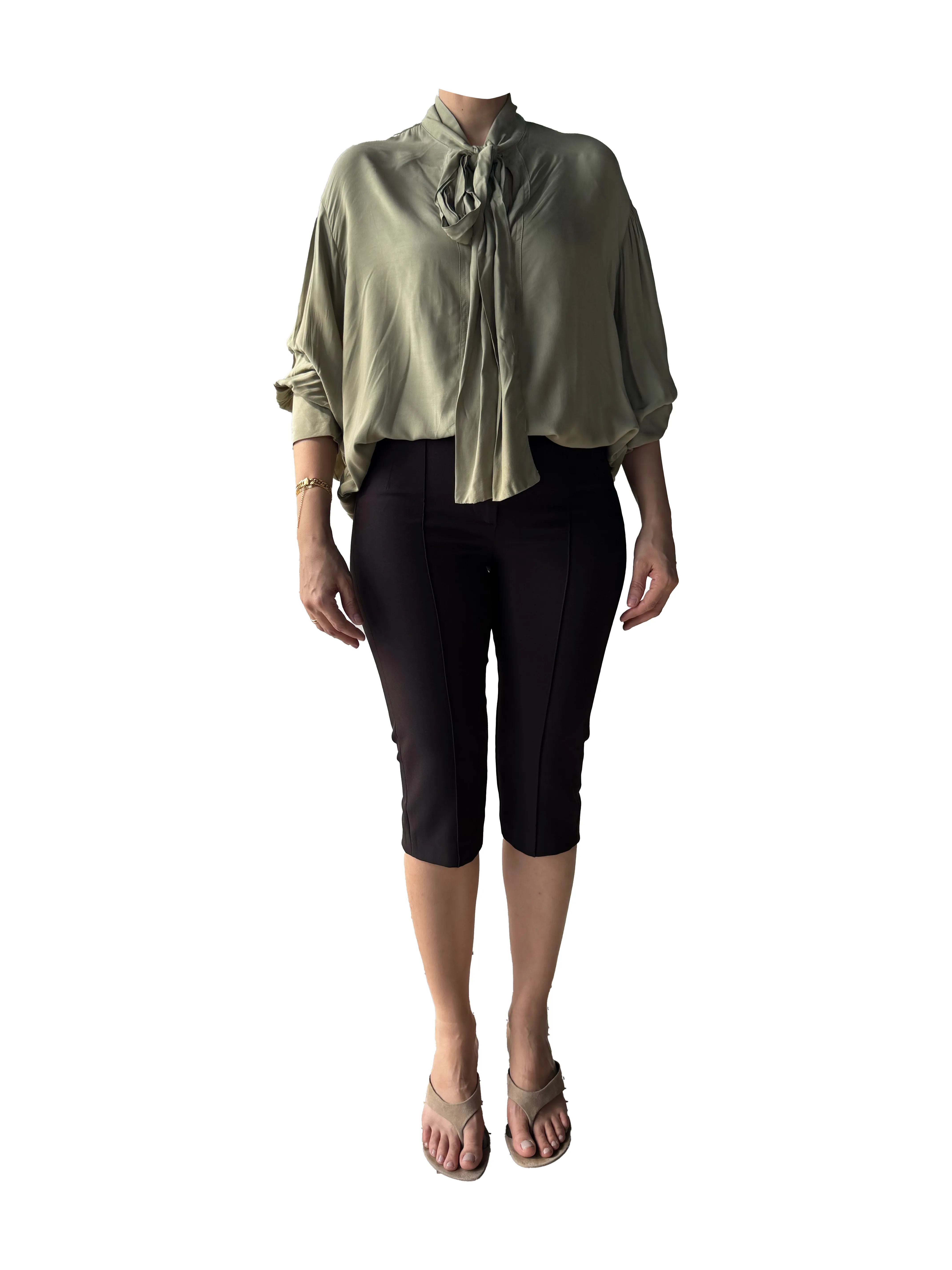 Internal sample reference — full-body shot of olive green tie-neck blouse and chocolate capris, faceless on-body for fit accuracy
