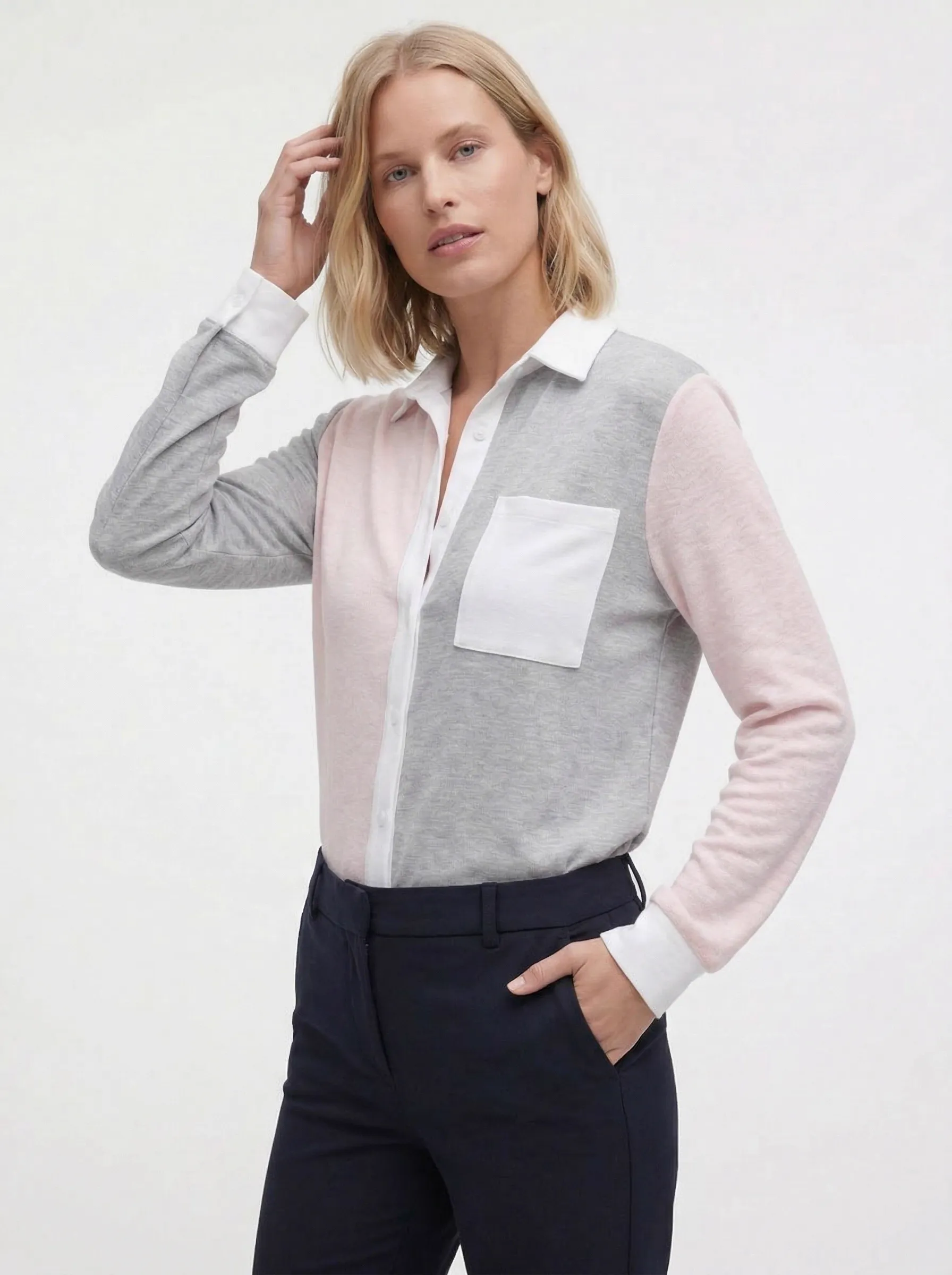 MODA AI output 2 — clean studio model wearing color-block button-down, fit and color carried from on-body reference
