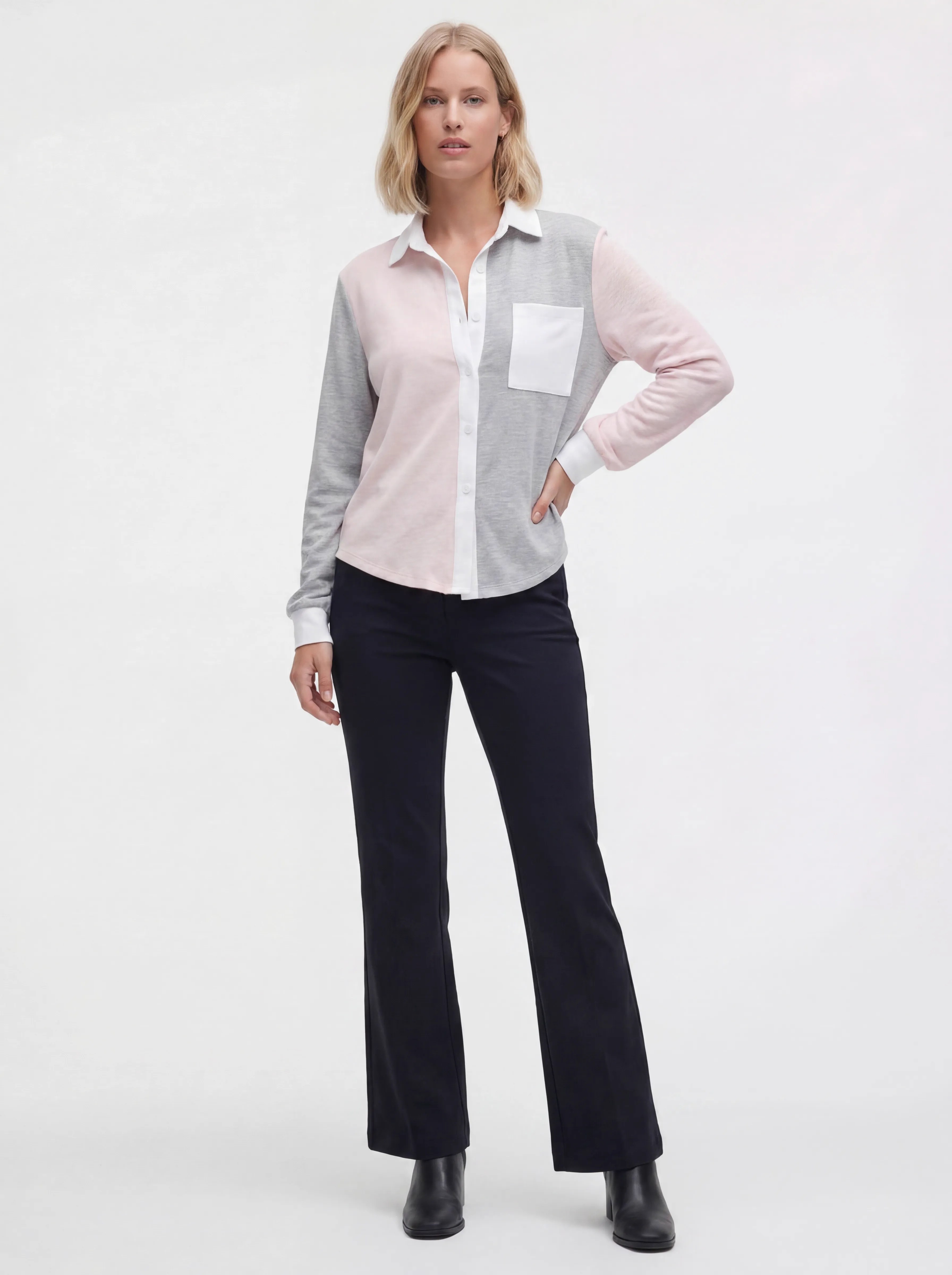 MODA AI output 3 — clean studio model wearing color-block button-down, fit and color carried from on-body reference