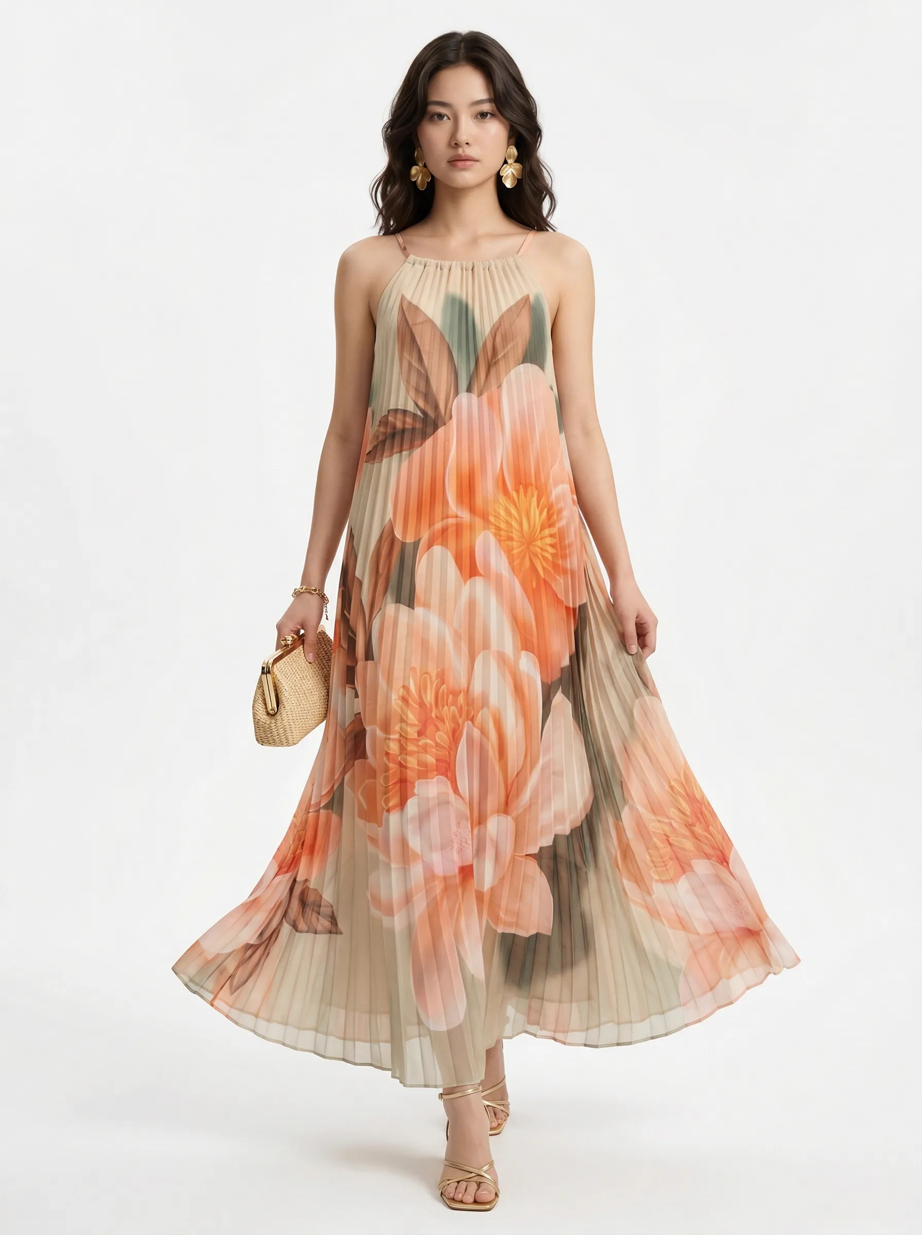 MODA AI output 3 — model in floral pleated sundress, studio-ready transformation from shop mannequin reference
