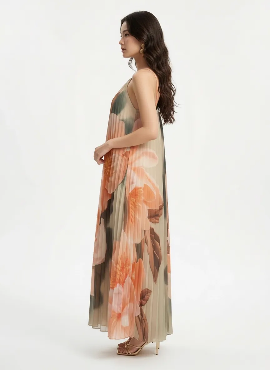 MODA AI output 4 — model in floral pleated sundress, studio-ready transformation from shop mannequin reference