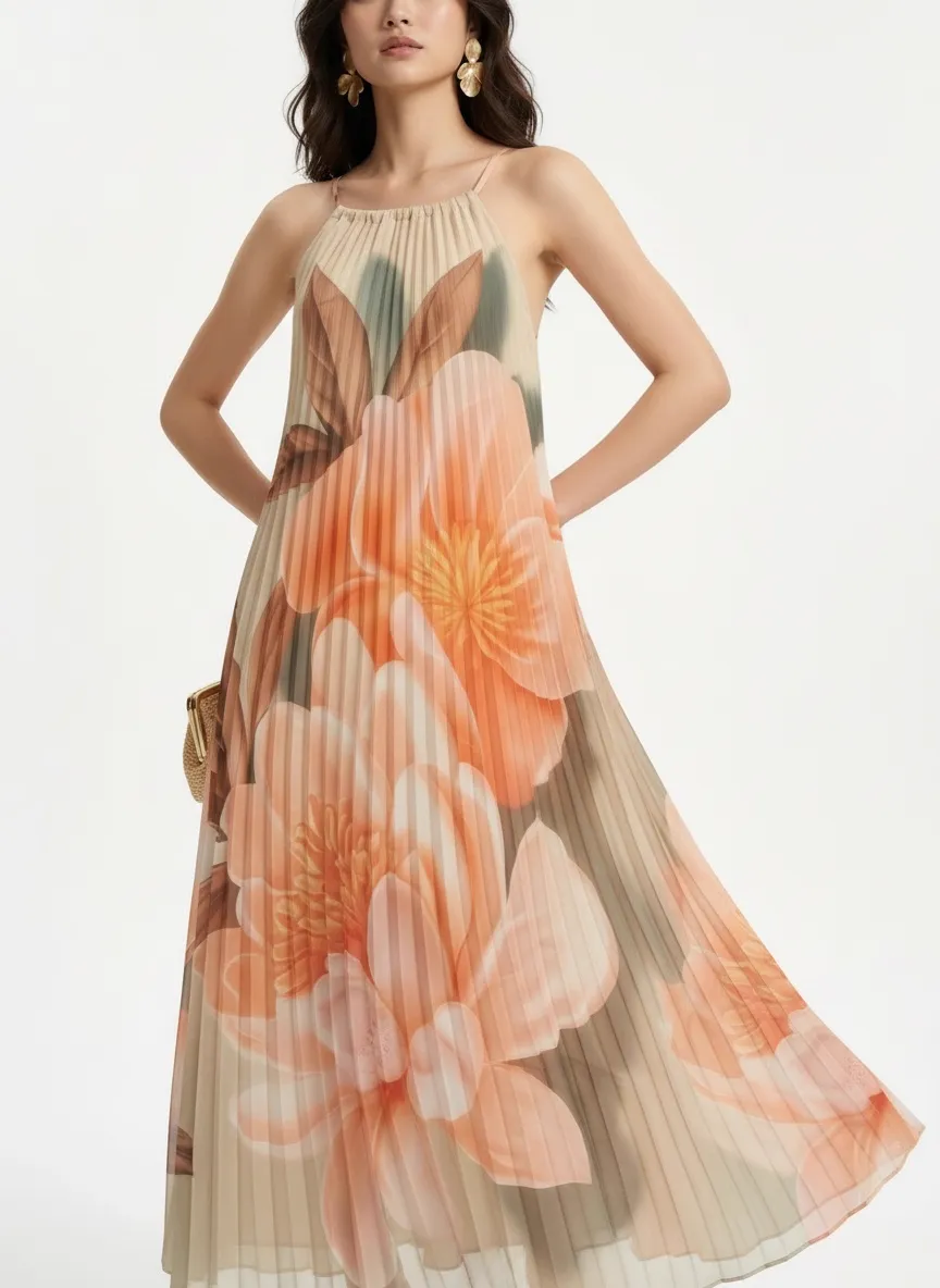 MODA AI output 5 — model in floral pleated sundress, studio-ready transformation from shop mannequin reference