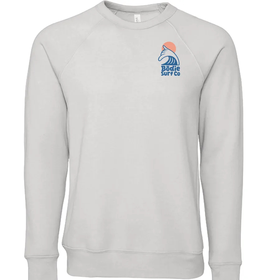 Input mockup — heather-grey crewneck sweatshirt with the small Bodie Surf Co wave and sun logo overlaid on the left chest