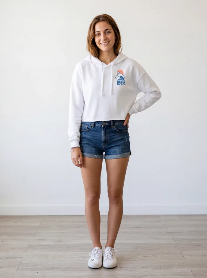 MODA AI output — Bodie Surf Co Cropped hoodie on a model, part of one print collection generated from mockups