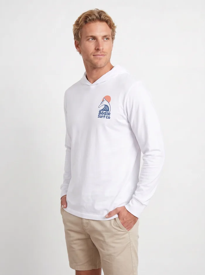 MODA AI output — Bodie Surf Co Hooded long-sleeve on a model, part of one print collection generated from mockups