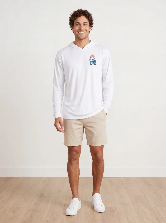 MODA AI output — Bodie Surf Co Hooded long-sleeve on a model, part of one print collection generated from mockups