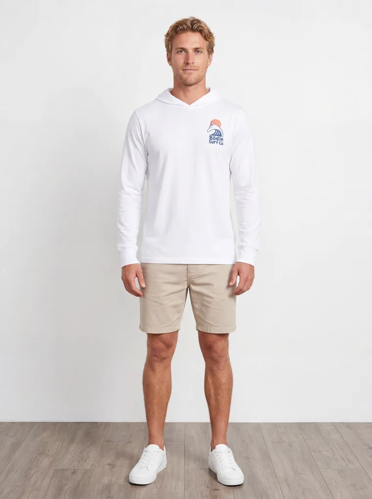 MODA AI output 1 of 10 from the white hooded long-sleeve mockup — one consistent male model, chest logo held across the catalog angle