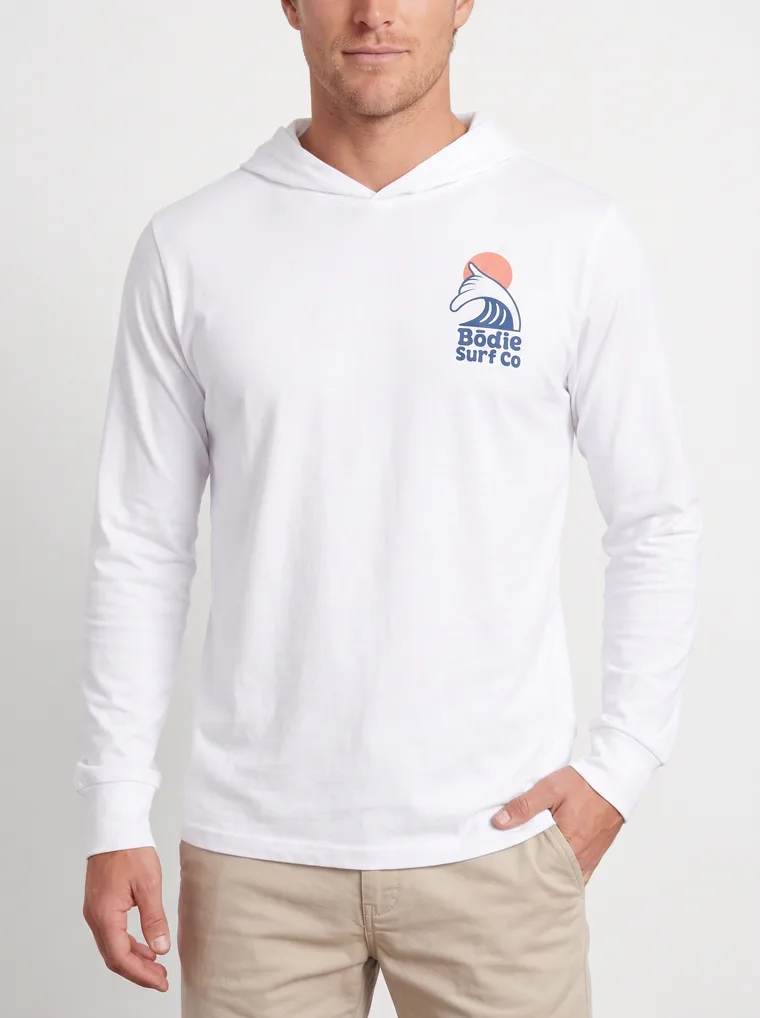 MODA AI output 10 of 10 from the white hooded long-sleeve mockup — one consistent male model, front and back logo held across the catalog angle