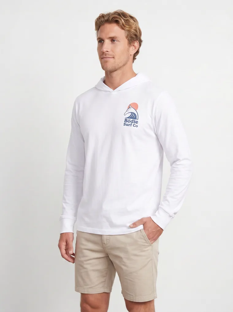 MODA AI output 3 of 10 from the white hooded long-sleeve mockup — one consistent male model, chest logo held across the catalog angle