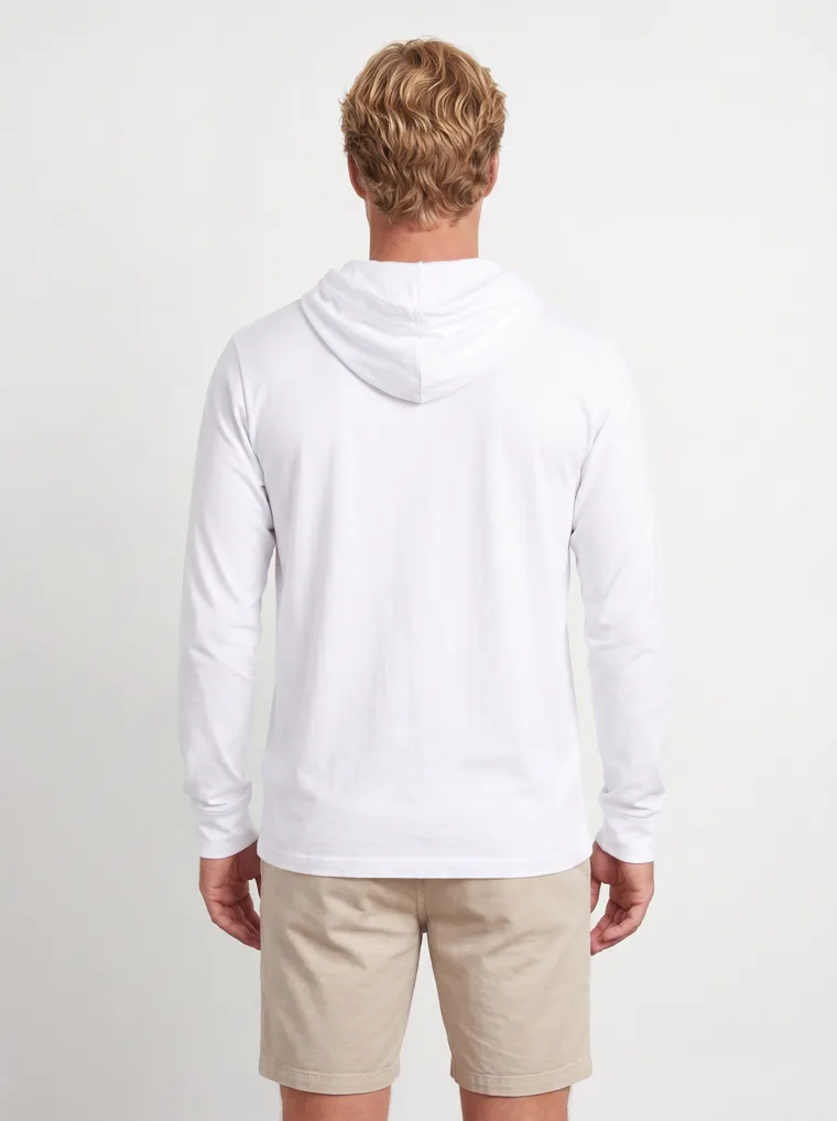 MODA AI output 4 of 10 from the white hooded long-sleeve mockup — one consistent male model, chest logo held across the catalog angle