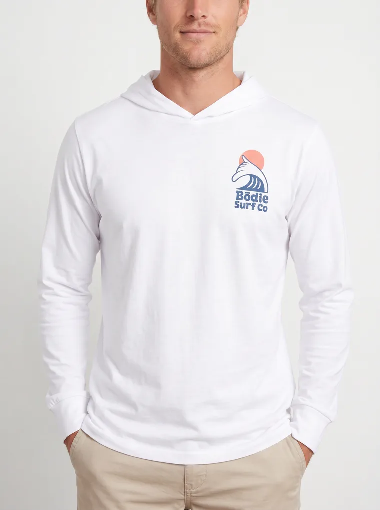 MODA AI output 5 of 10 from the white hooded long-sleeve mockup — one consistent male model, chest logo held across the catalog angle
