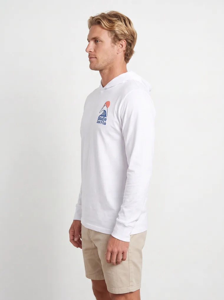 MODA AI output 6 of 10 from the white hooded long-sleeve mockup — one consistent male model, front and back logo held across the catalog angle
