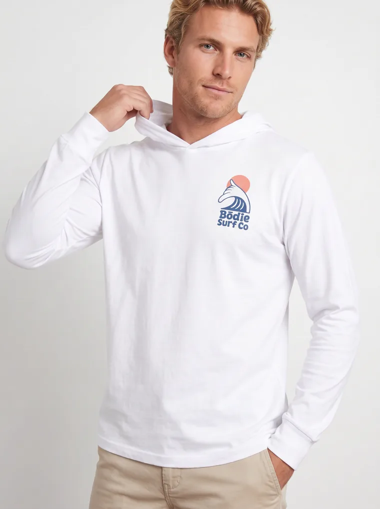 MODA AI output 7 of 10 from the white hooded long-sleeve mockup — one consistent male model, front and back logo held across the catalog angle