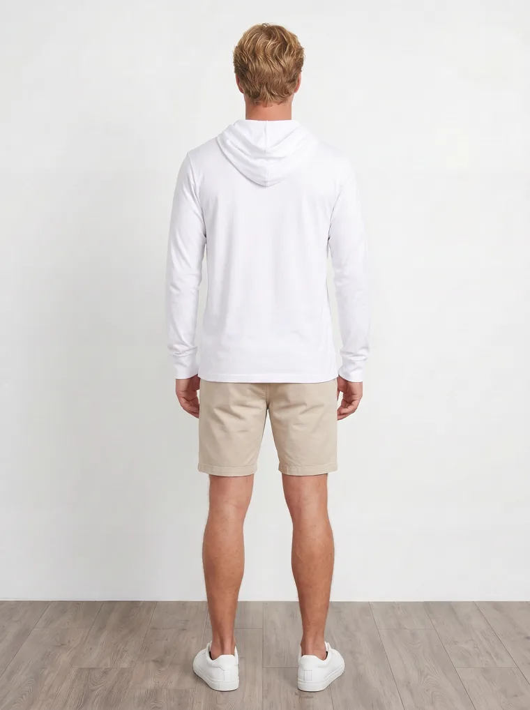 MODA AI output 8 of 10 from the white hooded long-sleeve mockup — one consistent male model, front and back logo held across the catalog angle