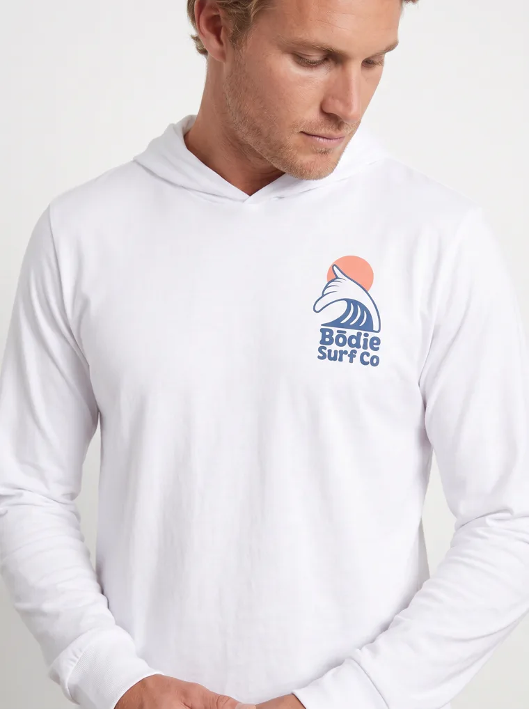 MODA AI output 9 of 10 from the white hooded long-sleeve mockup — one consistent male model, front and back logo held across the catalog angle