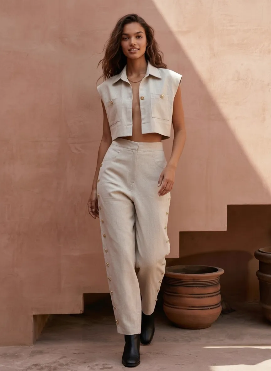 MODA AI resortwear output — cream linen pants with button trim and matching crop top in mid-walk against pink adobe wall