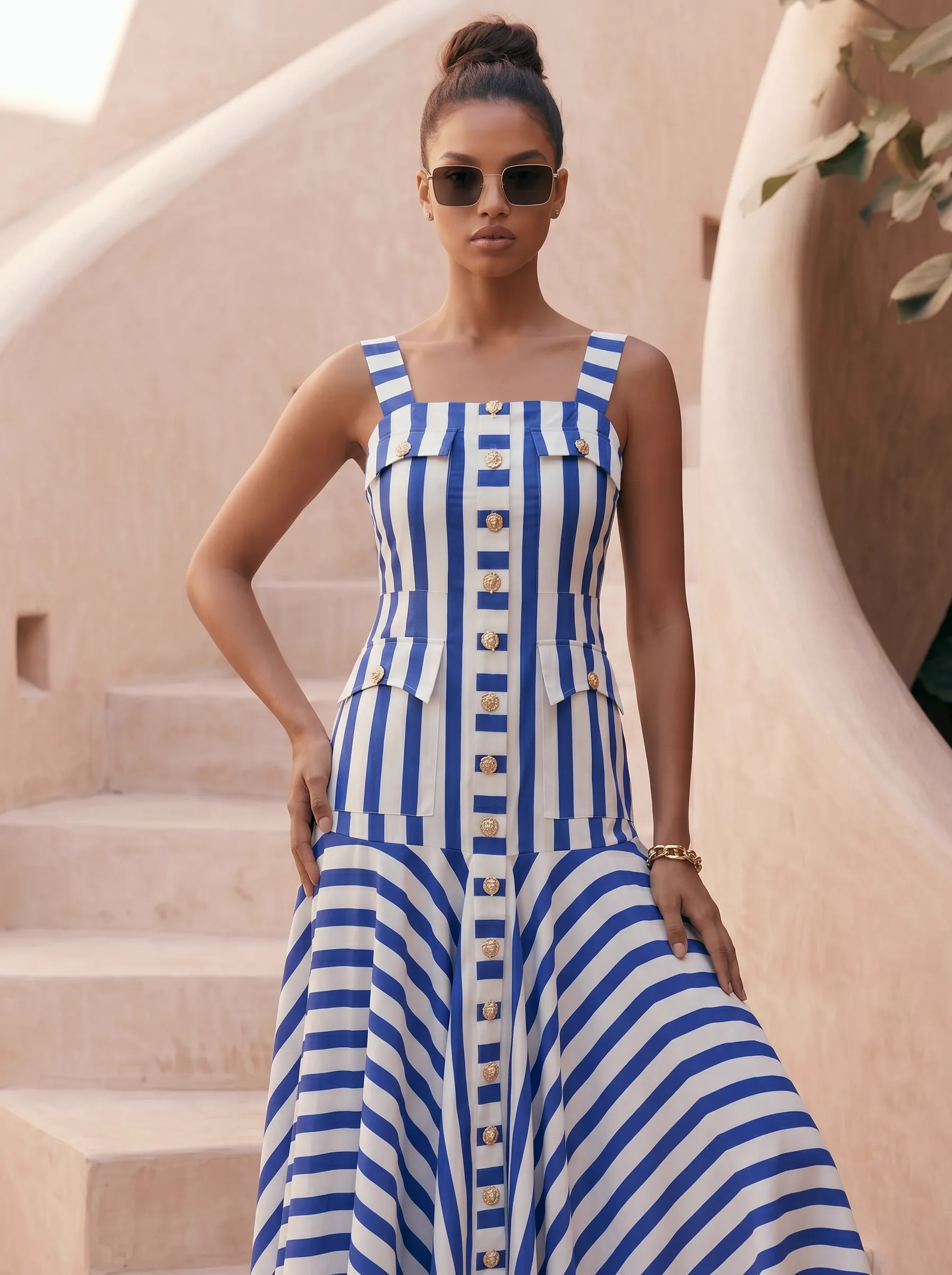 MODA AI resortwear output — blue and white striped sundress with sunglasses and gold accessories on Marrakech adobe steps