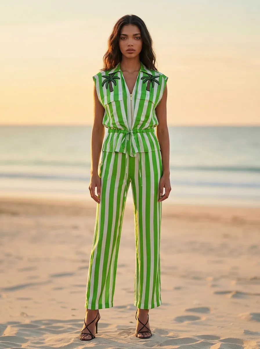 MODA AI resortwear output — green and white striped two-piece with palm tree appliqué on sunset beach