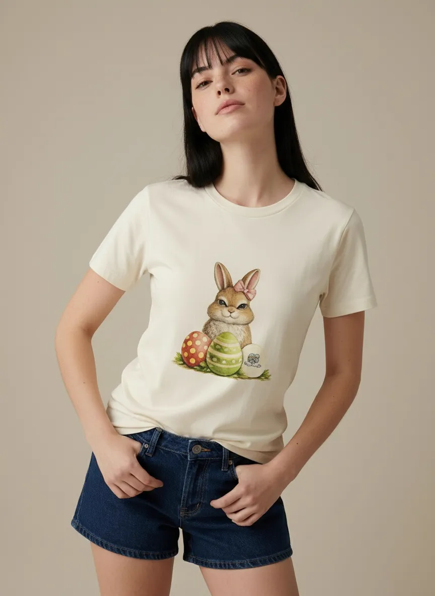 MODA AI catalog photography output 1 — same cream graphic t-shirt with different face and background reference combinations