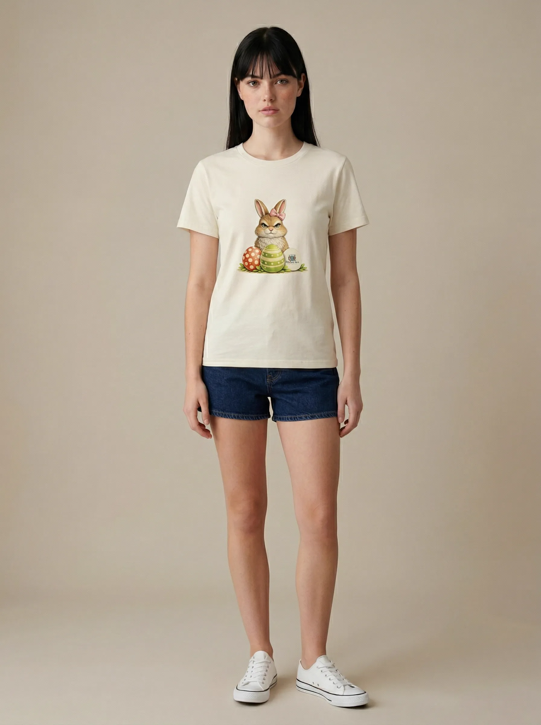 MODA AI output 2 from Demo A — young woman with bangs in cream bunny t-shirt