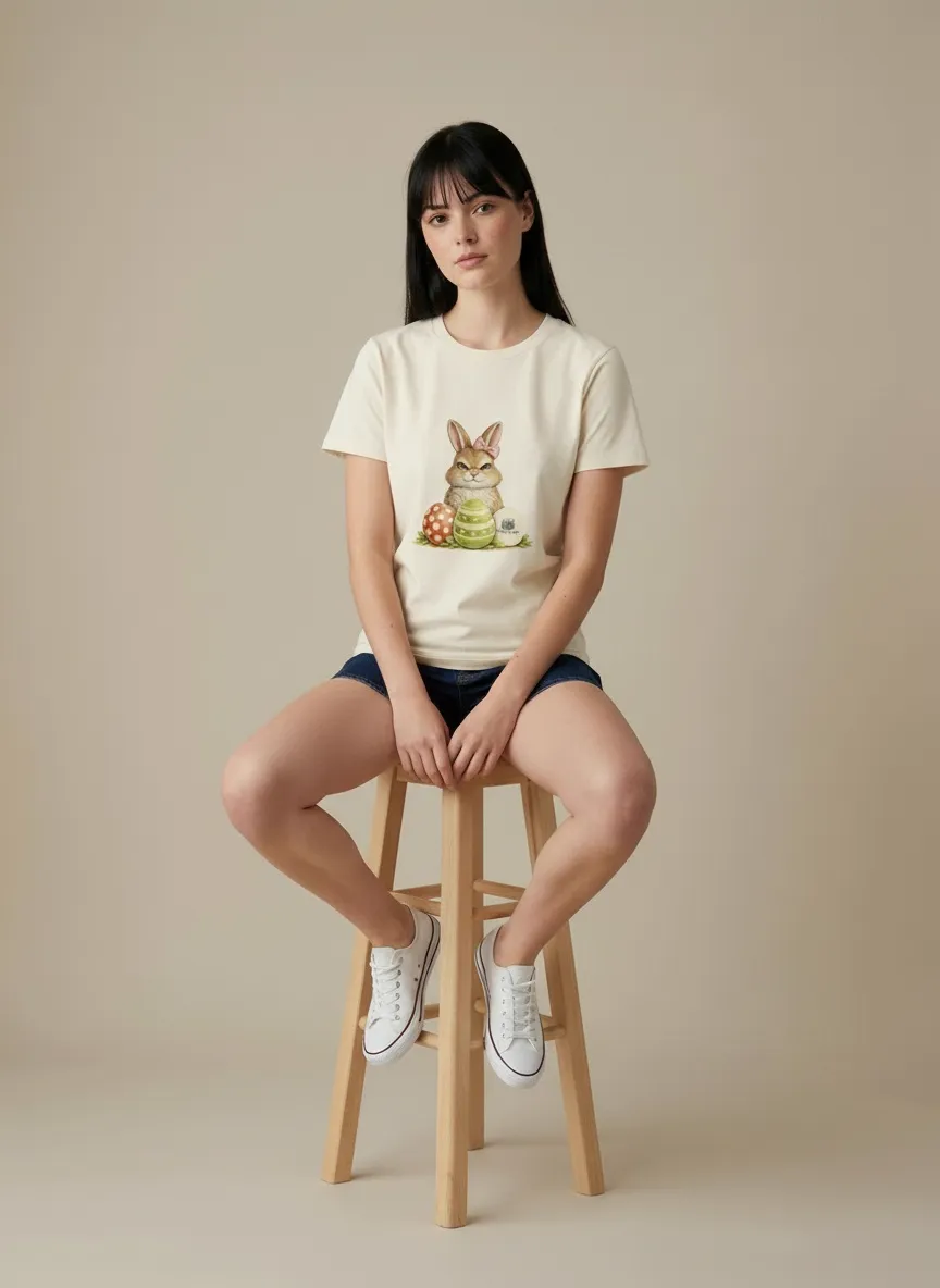 MODA AI output 3 from Demo A — young woman with bangs in cream bunny t-shirt