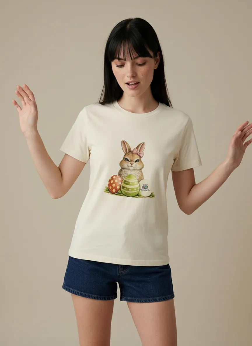 MODA AI output 4 from Demo A — young woman with bangs in cream bunny t-shirt