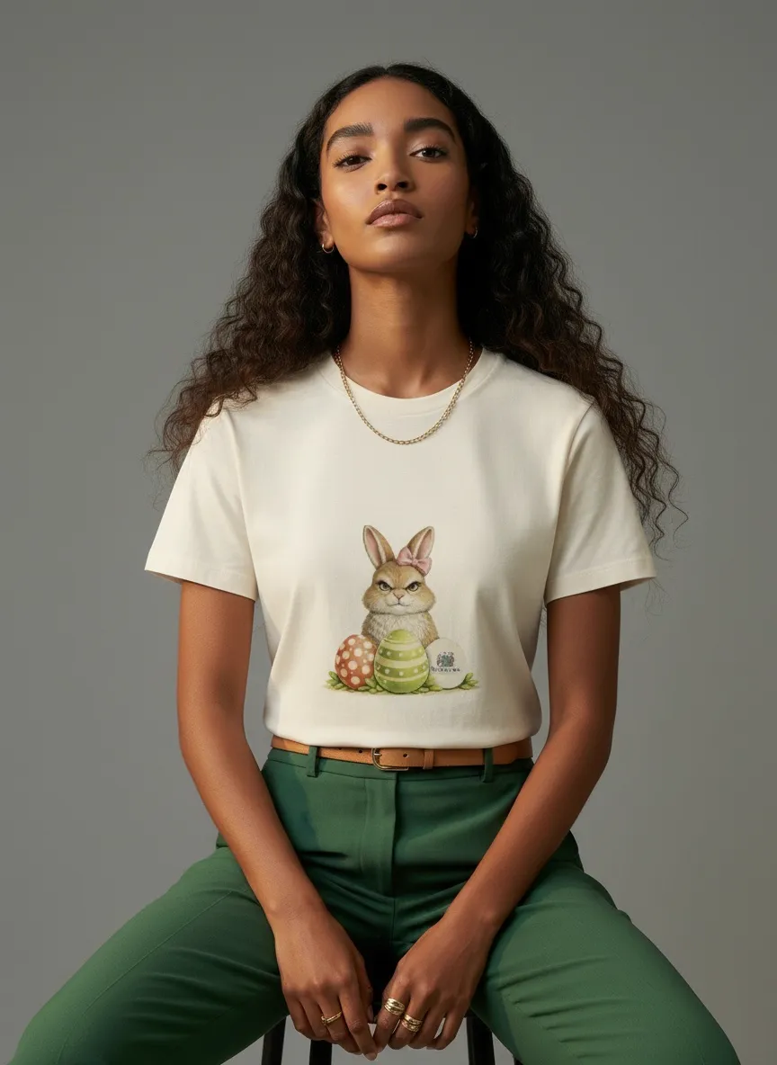 MODA AI catalog photography output 2 — same cream graphic t-shirt with different face and background reference combinations