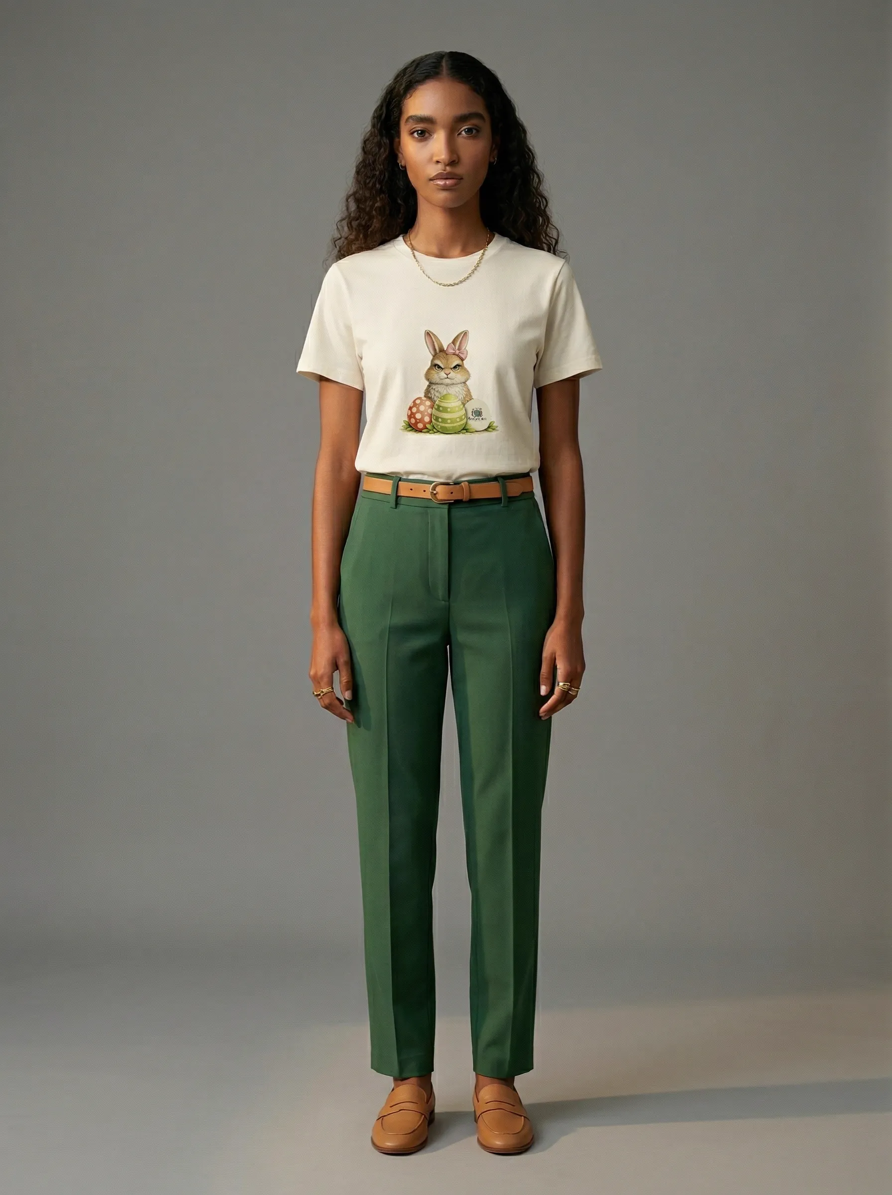 MODA AI output 2 from combined reference shoot — curly-hair woman in grey studio with cream bunny t-shirt