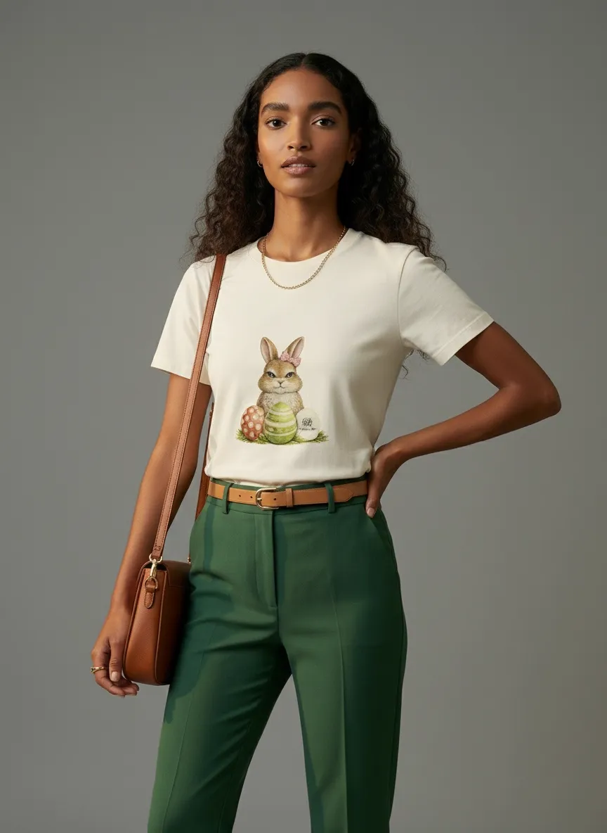MODA AI output 3 from combined reference shoot — curly-hair woman in grey studio with cream bunny t-shirt