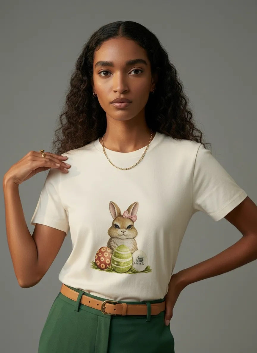 MODA AI output 4 from combined reference shoot — curly-hair woman in grey studio with cream bunny t-shirt