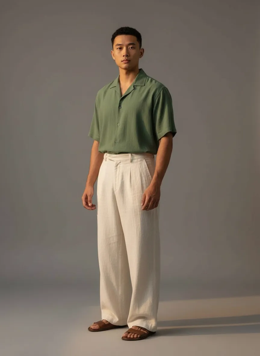 Background reference — grey studio backdrop with model in casual fashion as setting source