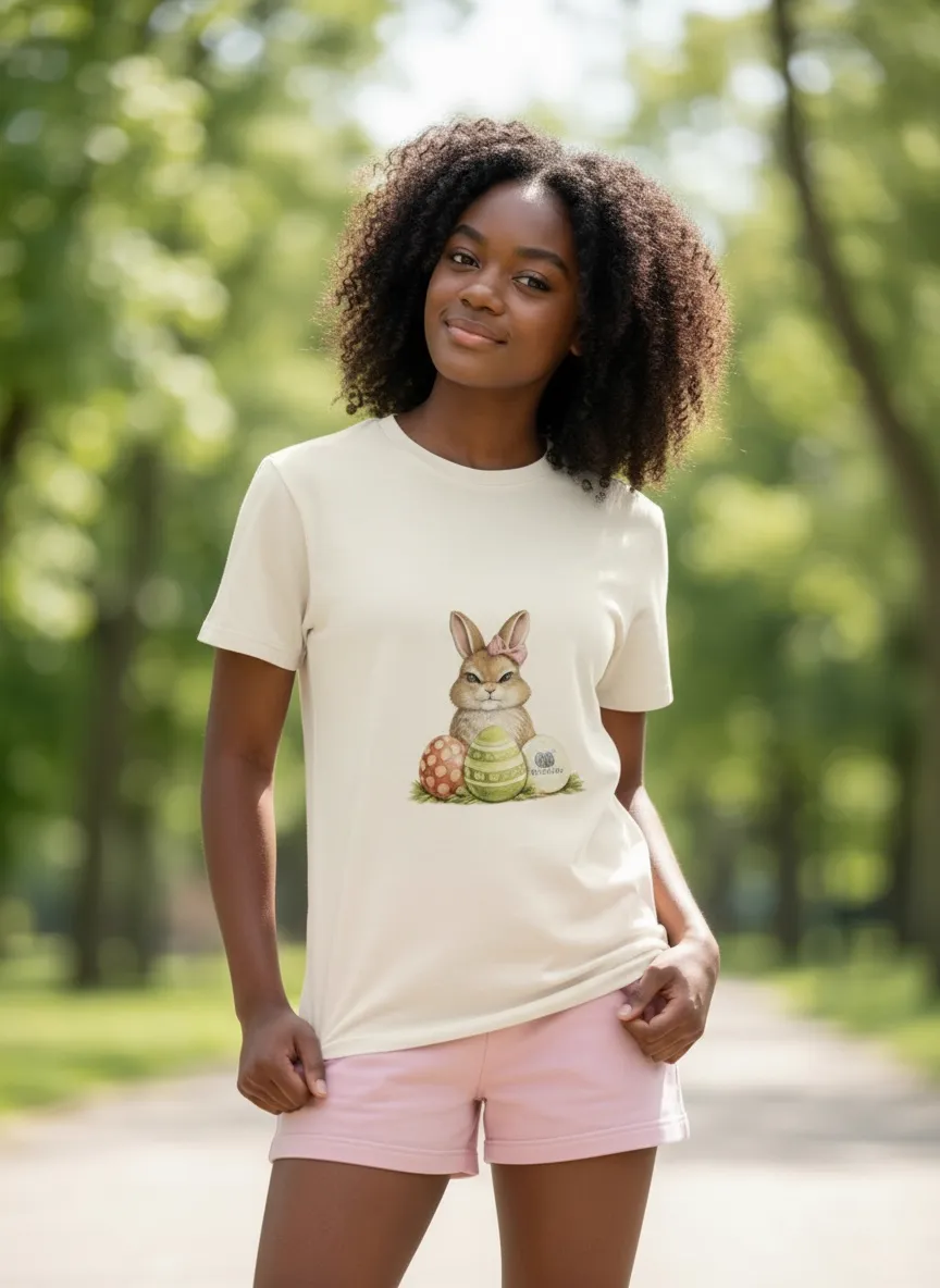 MODA AI catalog photography output 3 — same cream graphic t-shirt with different face and background reference combinations